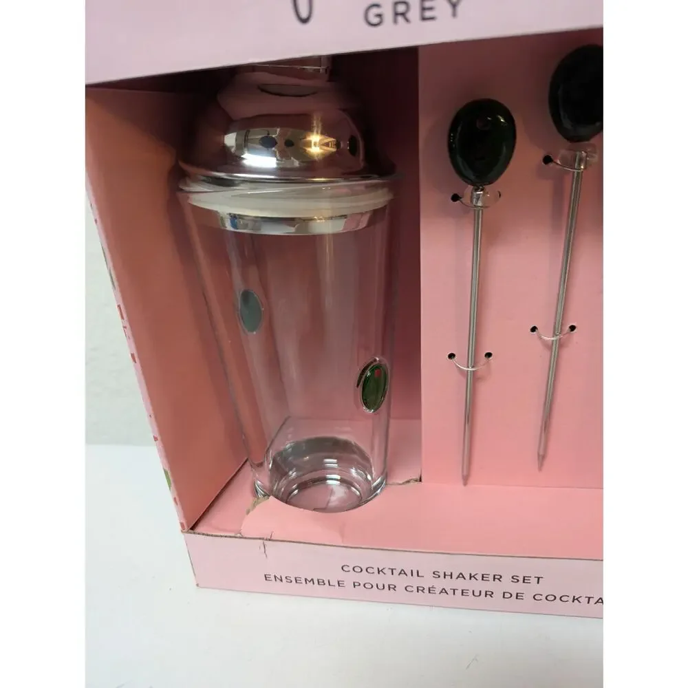Frankie Grey glass cocktail shaker w/ three cocktail metal picks olive theme NIB